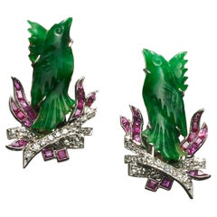 Art Deco Jade, Ruby, Diamond and Platinum Phoenix Earrings, Circa 1920