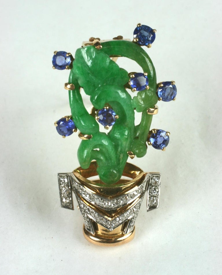 Art Deco Jade, Diamond and Sapphire Flower Pot Clip from the late 1930's. Beautifully carved Jade 
