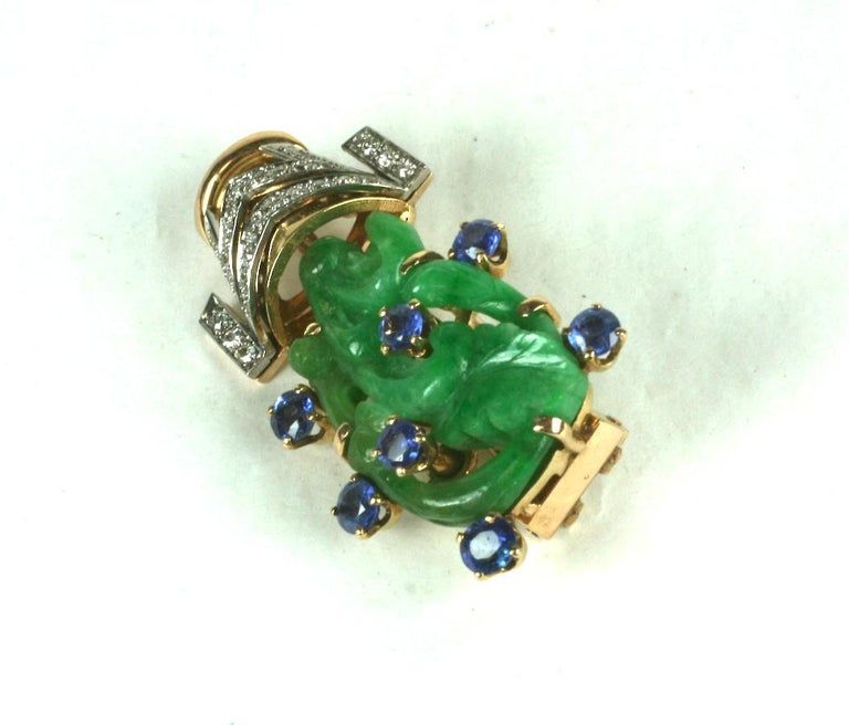 Art Deco Jade, Sapphire and Diamond Flower Pot Clip In Excellent Condition For Sale In Riverdale, NY