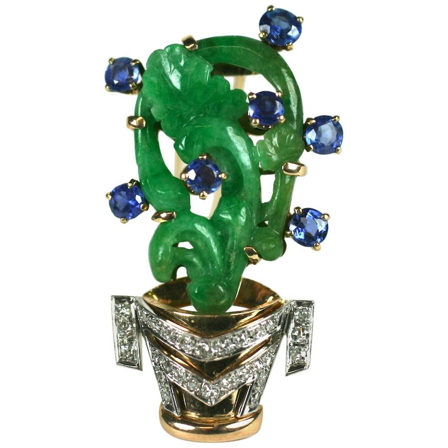 Art Deco Jade, Sapphire and Diamond Flower Pot Clip