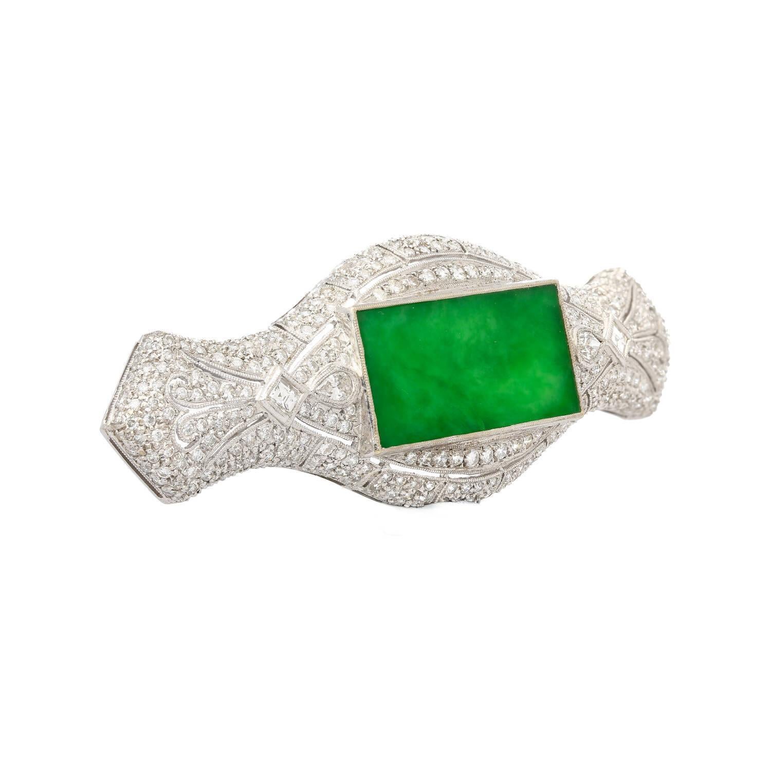 Round Cut Art Deco Jadeite and Diamond Brooch Pin 18K White Gold For Sale