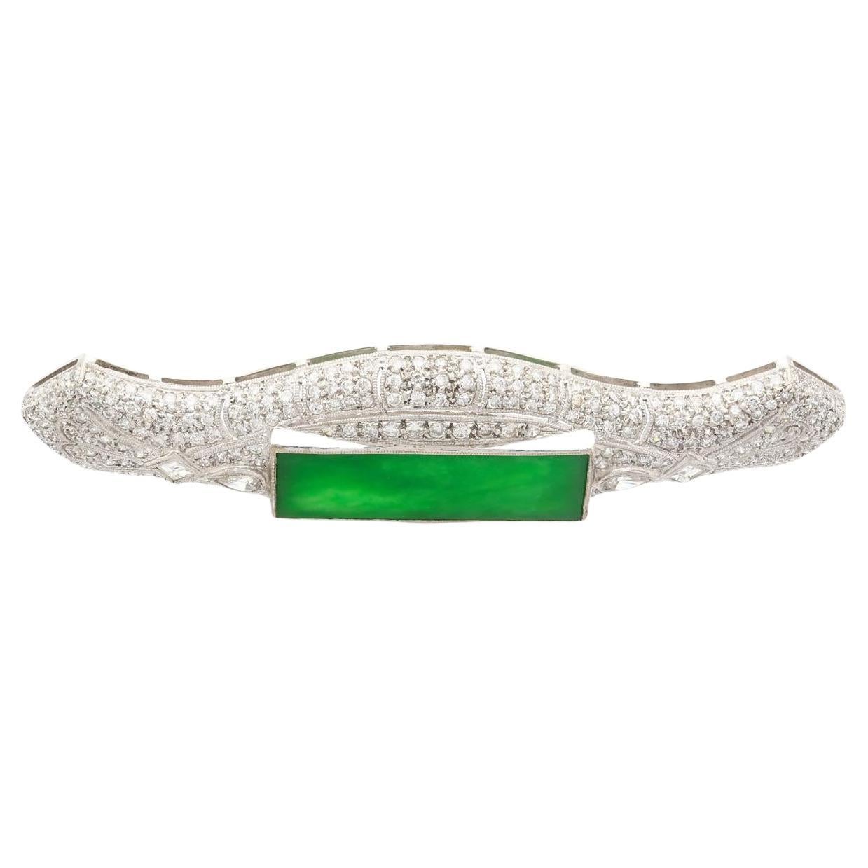 Art Deco Jadeite and Diamond Brooch Pin 18K White Gold For Sale 2
