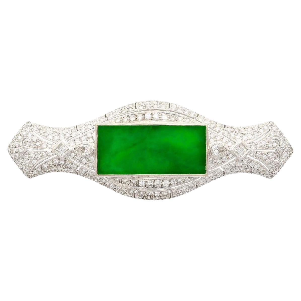 Art Deco Jadeite and Diamond Brooch Pin 18K White Gold For Sale