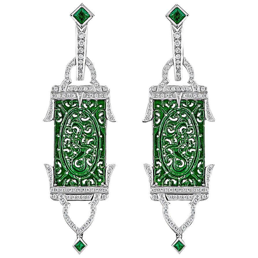 Jadeite, Emerald and Diamond White Gold Earrings For Sale