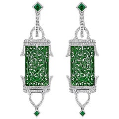 Jadeite, Emerald and Diamond White Gold Earrings