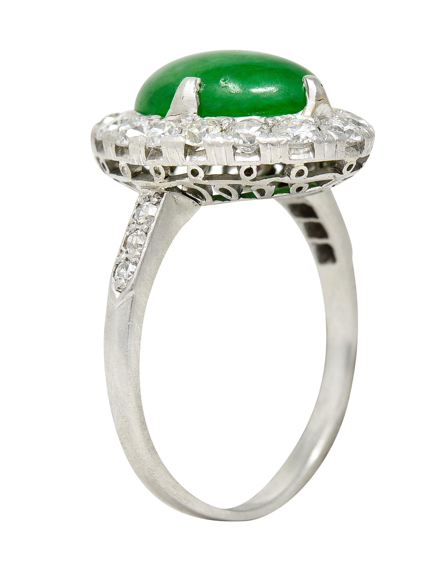 Art Deco Jadeite Jade Cabochon Diamond Platinum Cluster Gemstone Ring GIA 10