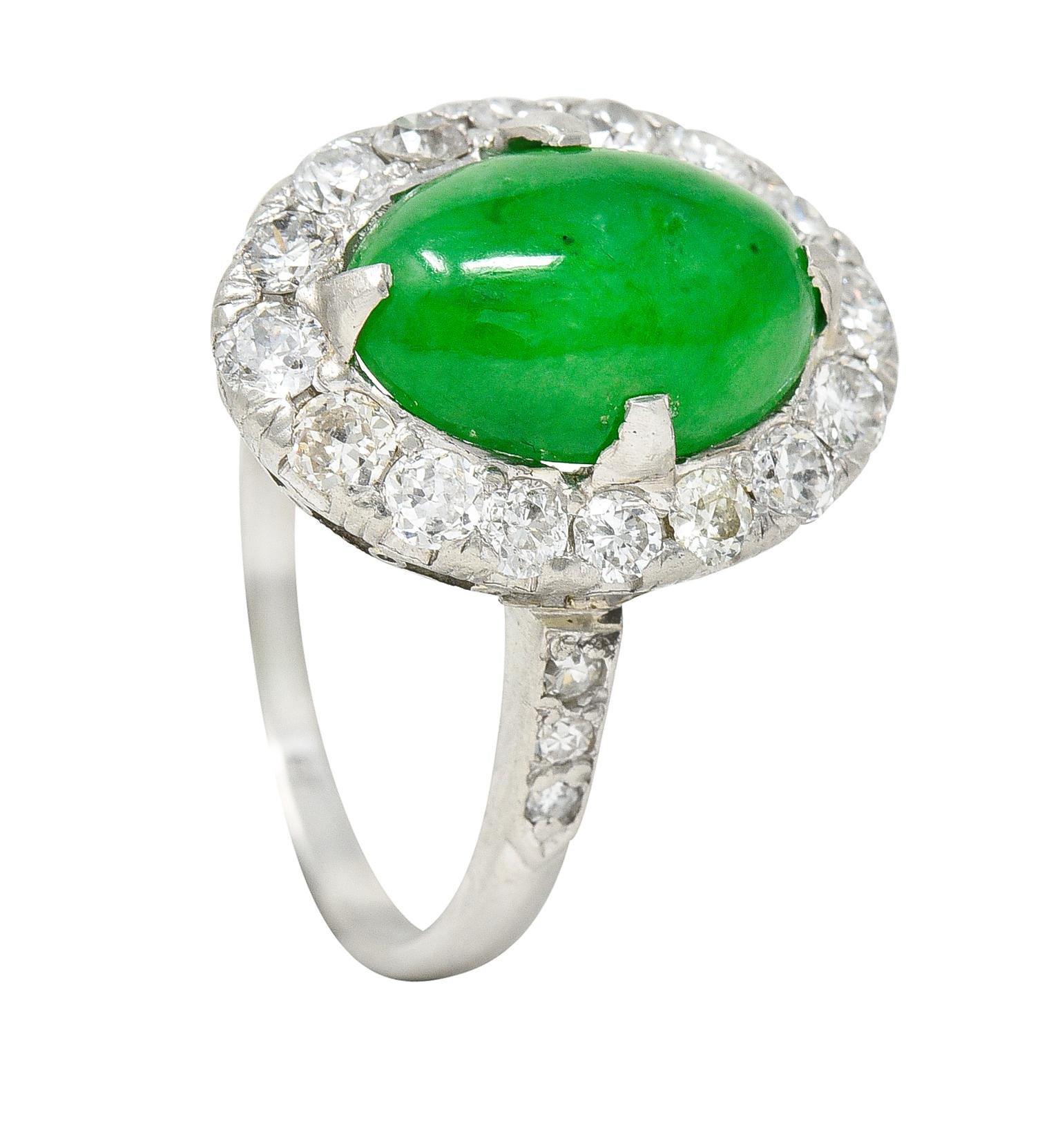 Art Deco Jadeite Jade Cabochon Diamond Platinum Cluster Gemstone Ring GIA 11