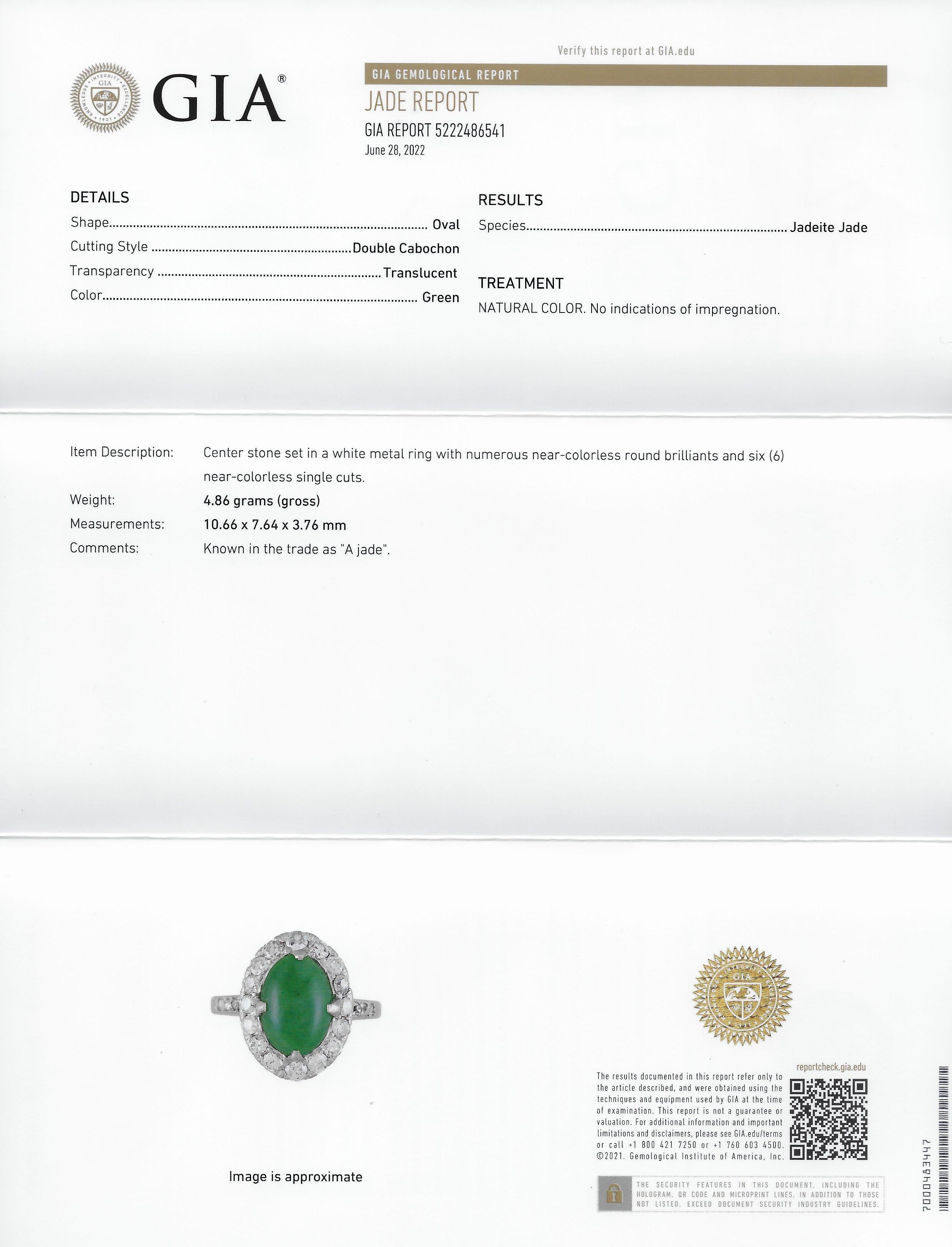 Art Deco Jadeite Jade Cabochon Diamond Platinum Cluster Gemstone Ring GIA 12
