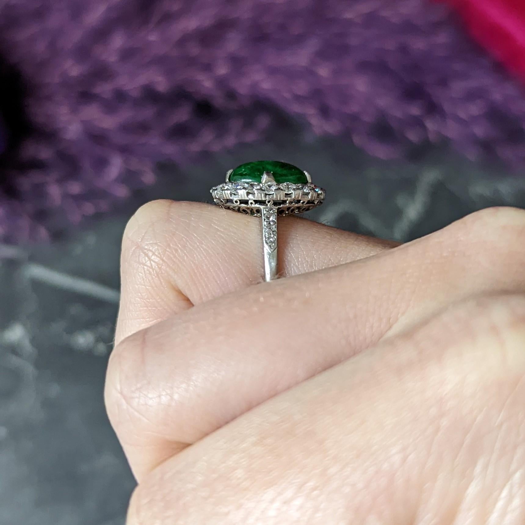 Art Deco Jadeite Jade Cabochon Diamond Platinum Cluster Gemstone Ring GIA 14
