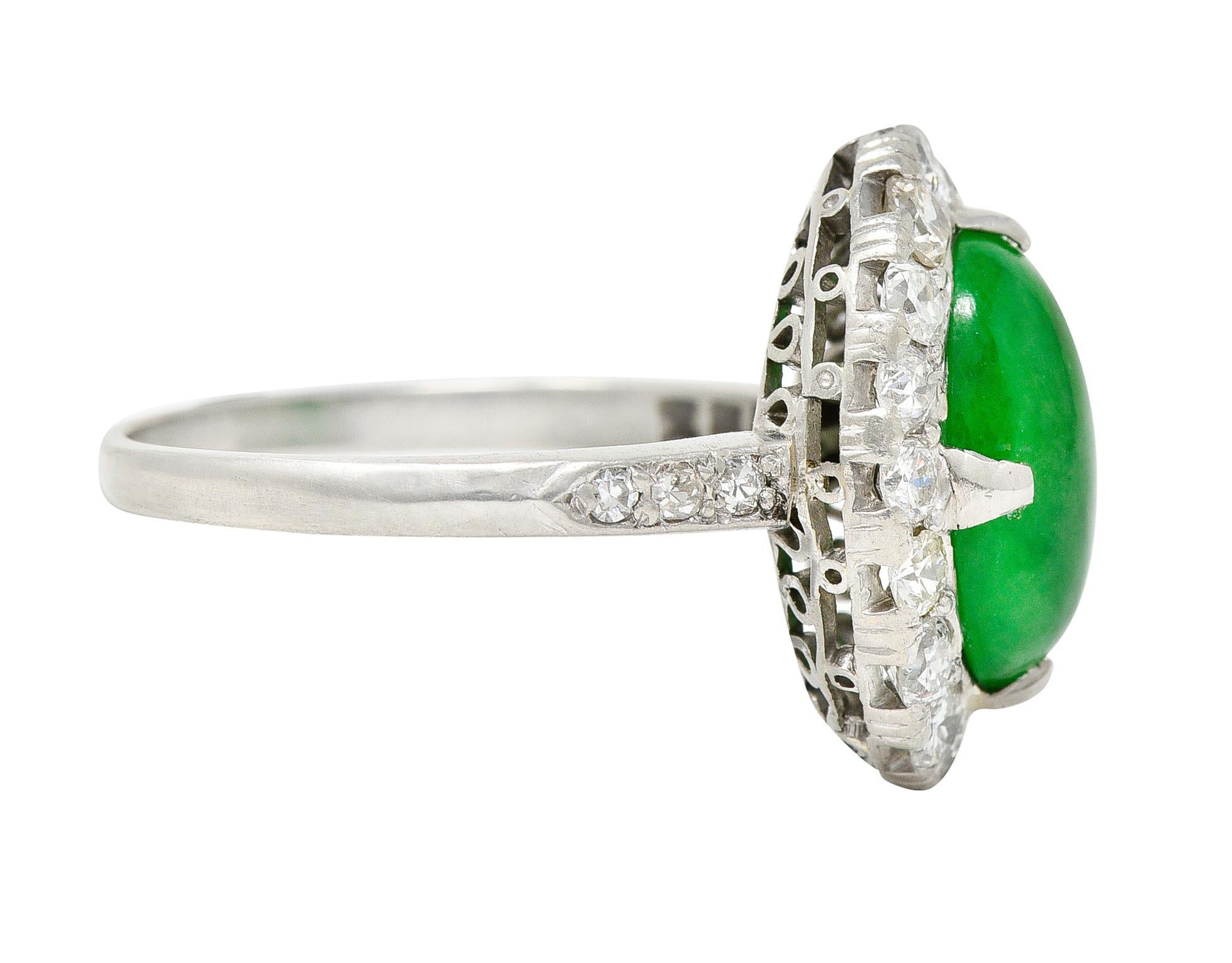 Art Deco Jadeite Jade Cabochon Diamond Platinum Cluster Gemstone Ring GIA 3