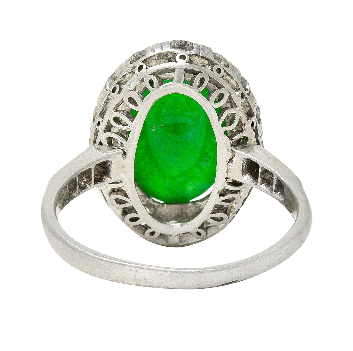 Art Deco Jadeite Jade Cabochon Diamond Platinum Cluster Gemstone Ring GIA 4