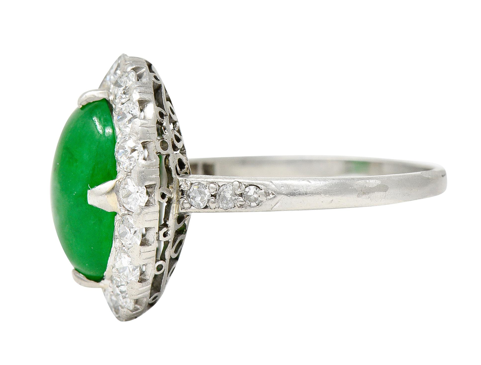 Art Deco Jadeite Jade Cabochon Diamond Platinum Cluster Gemstone Ring GIA 5