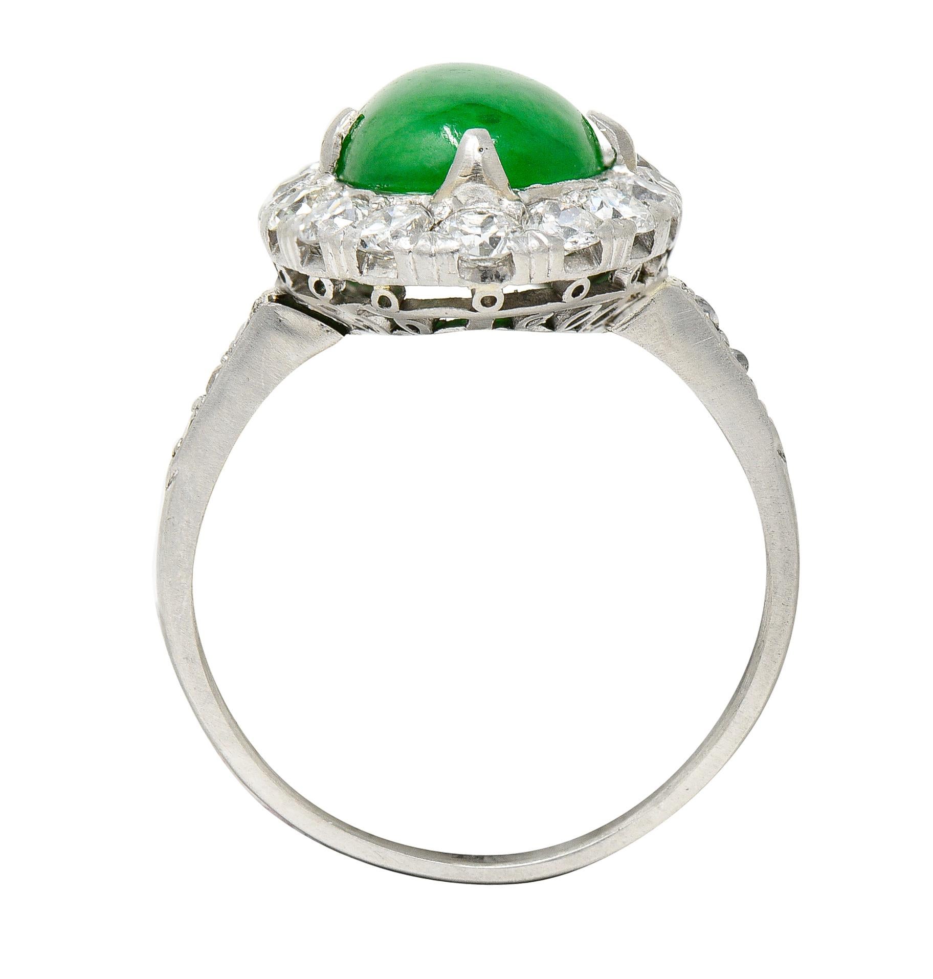 Art Deco Jadeite Jade Cabochon Diamond Platinum Cluster Gemstone Ring GIA 8