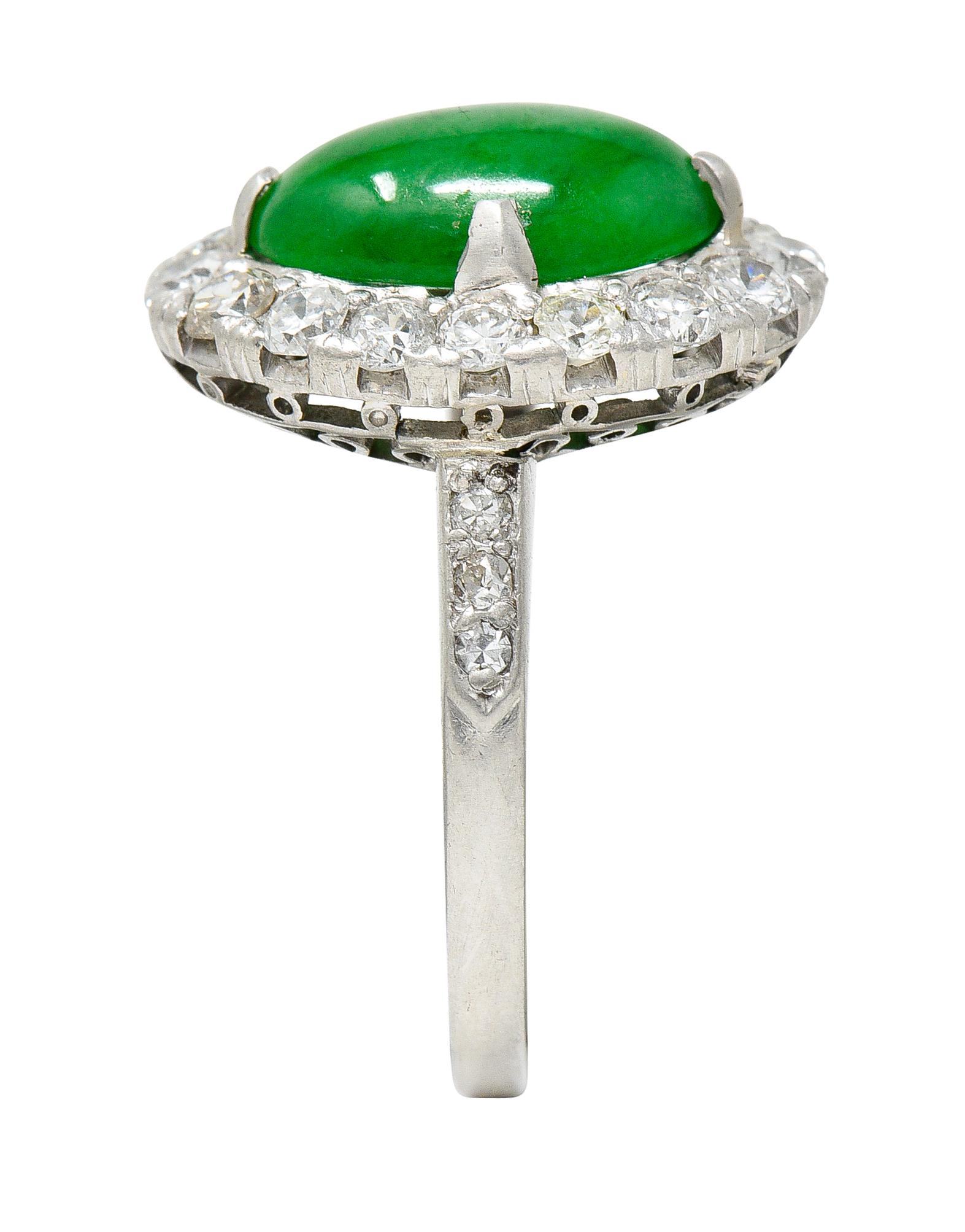Art Deco Jadeite Jade Cabochon Diamond Platinum Cluster Gemstone Ring GIA 9