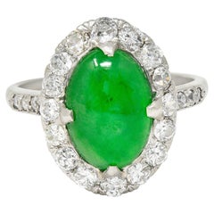 Art Deco Jadeite Jade Cabochon Diamond Platinum Cluster Gemstone Ring GIA