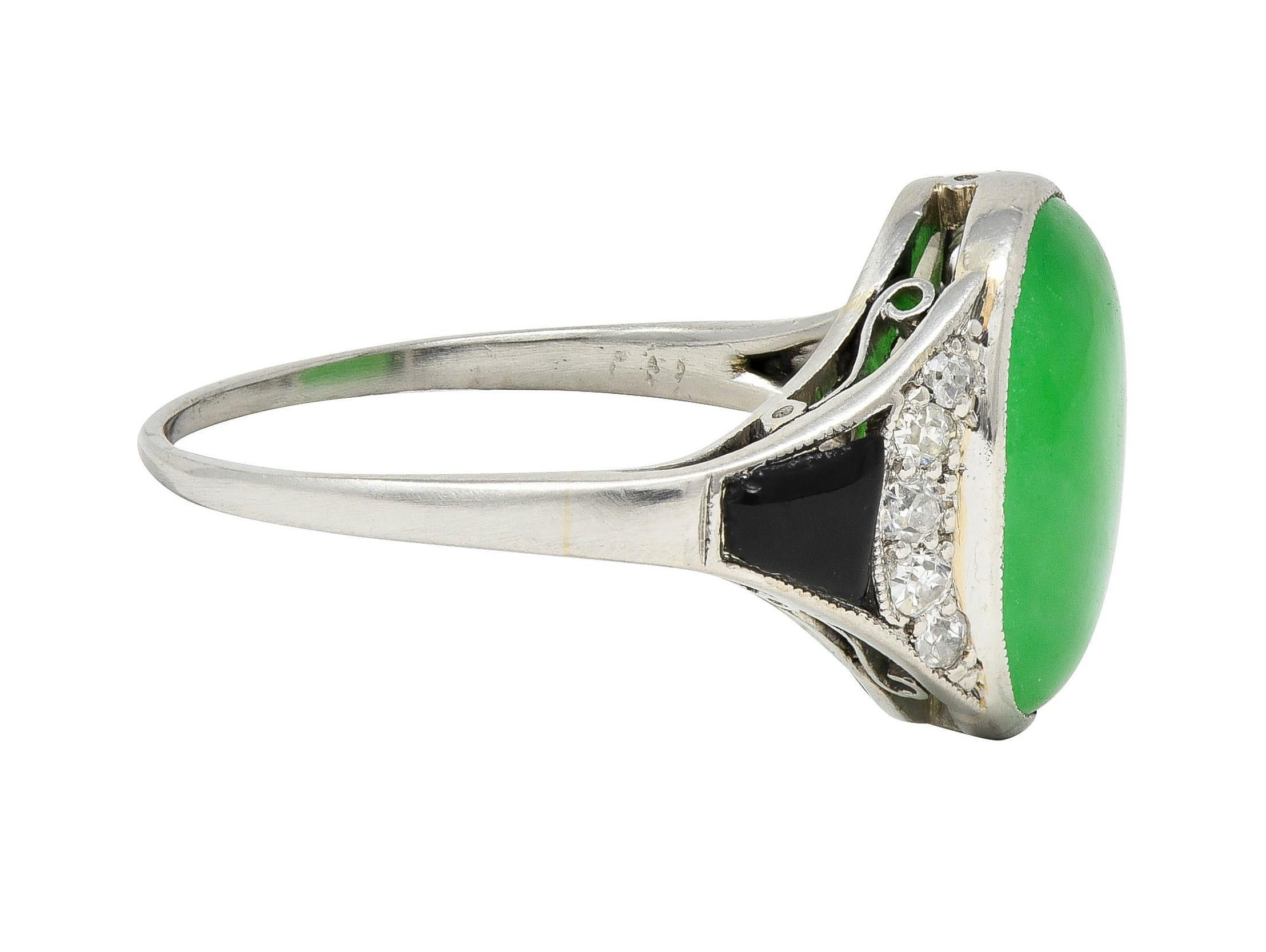Cabochon Art Deco Jadeite Jade Diamond Onyx Platinum Vintage Cocktail Ring For Sale