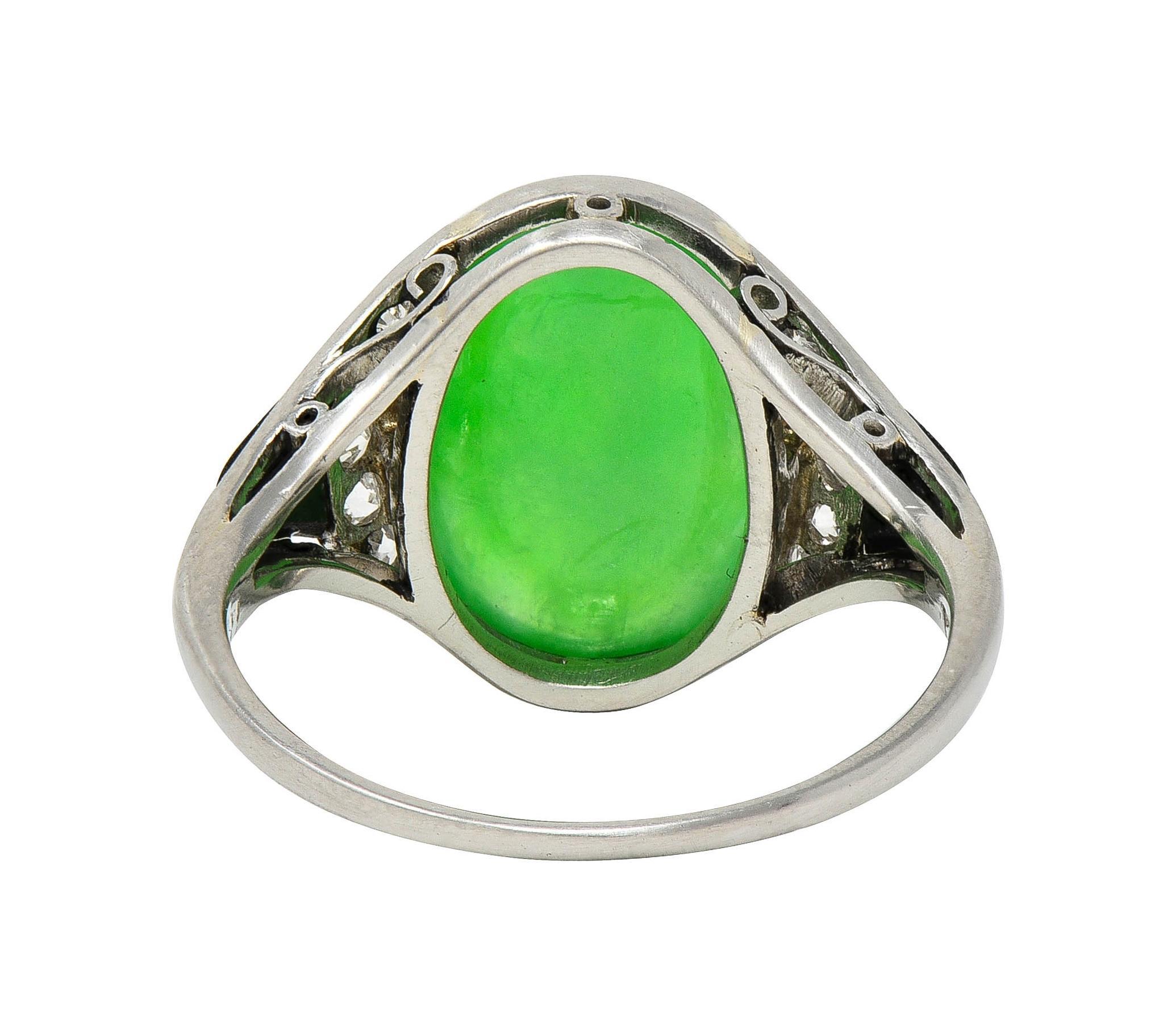 Art Deco Jadeite Jade Diamond Onyx Platinum Vintage Cocktail Ring In Excellent Condition For Sale In Philadelphia, PA