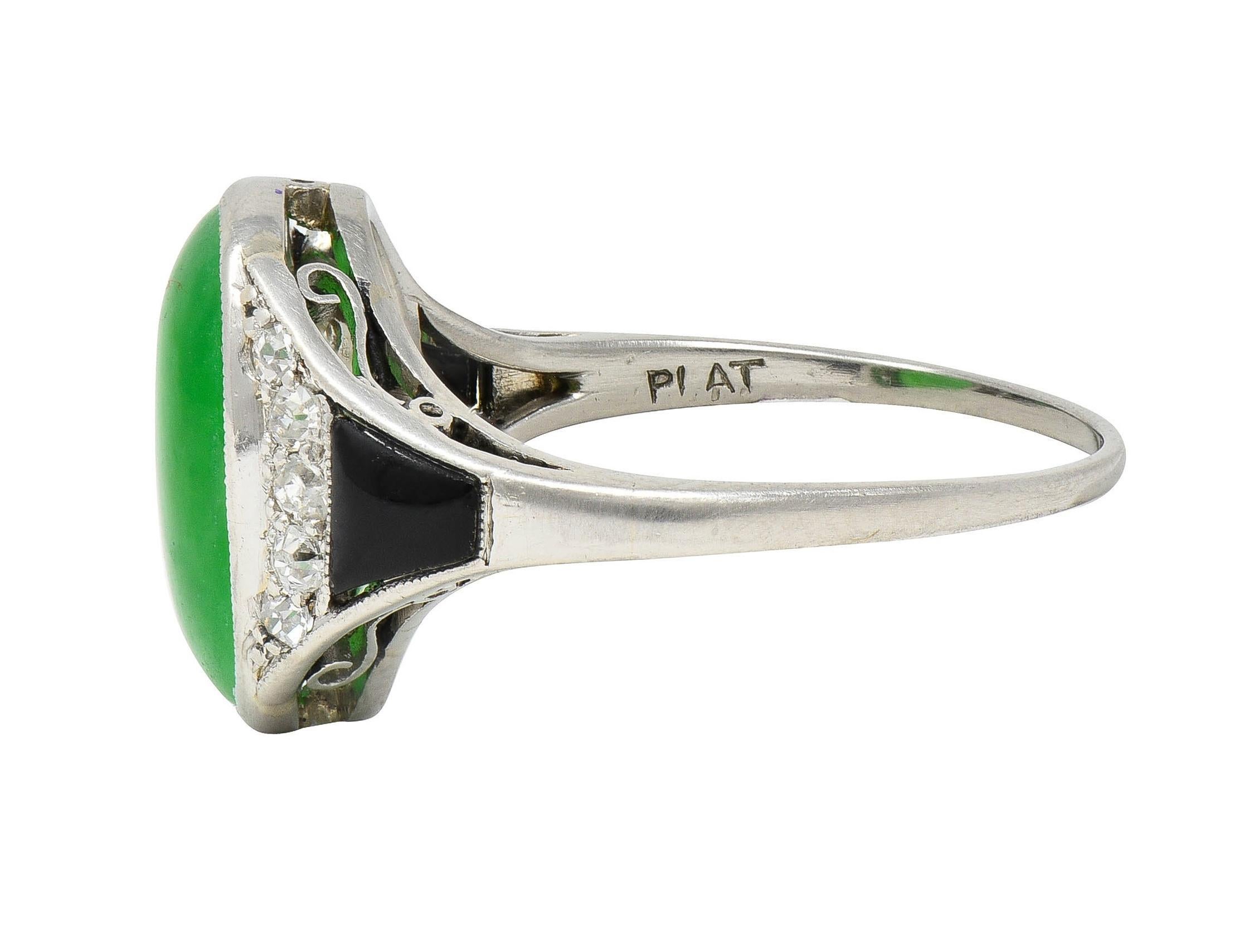 Women's or Men's Art Deco Jadeite Jade Diamond Onyx Platinum Vintage Cocktail Ring For Sale
