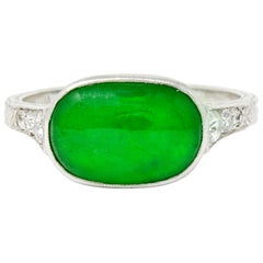 Art Deco Jadeite Jade Diamond Platinum Cabochon Ring GIA