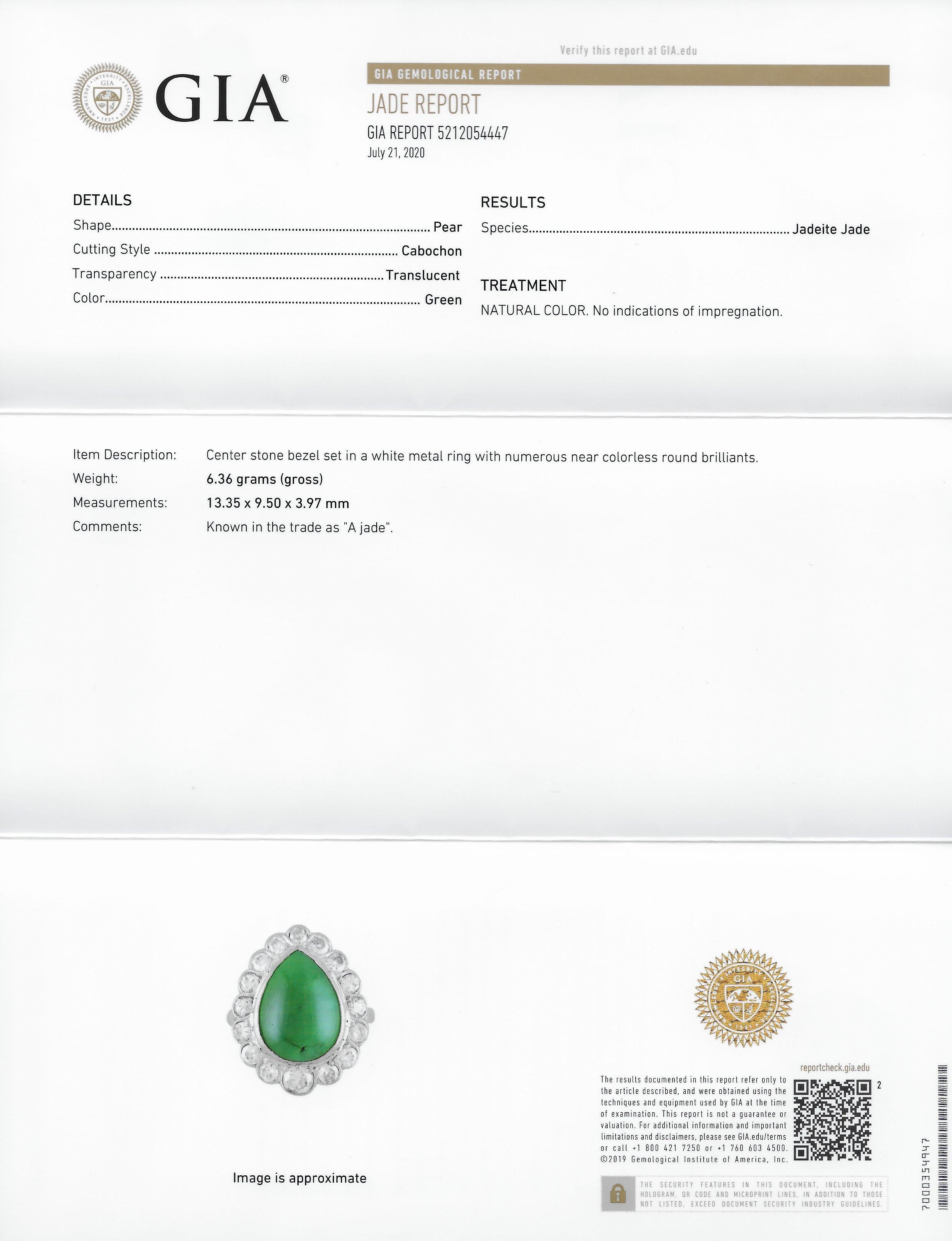Art Deco Jadeite Jade Diamond Platinum Pear Cluster Ring GIA 4