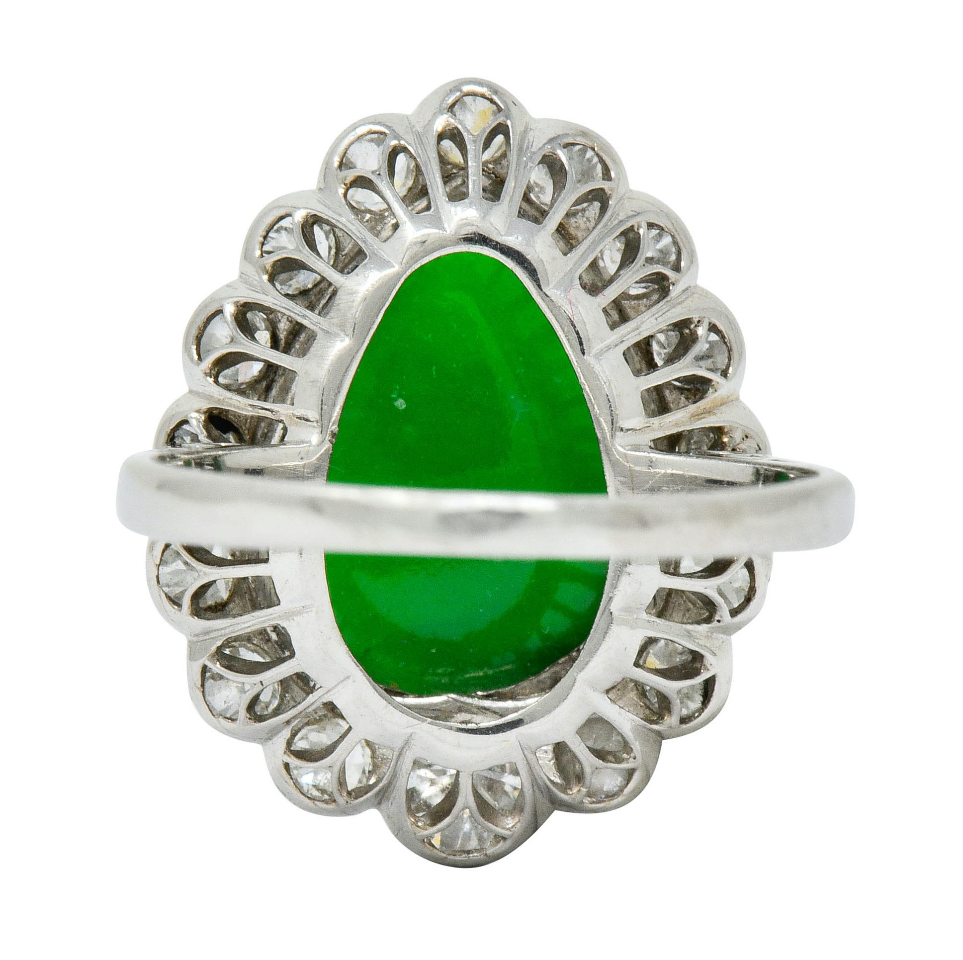 Pear Cut Art Deco Jadeite Jade Diamond Platinum Pear Cluster Ring GIA