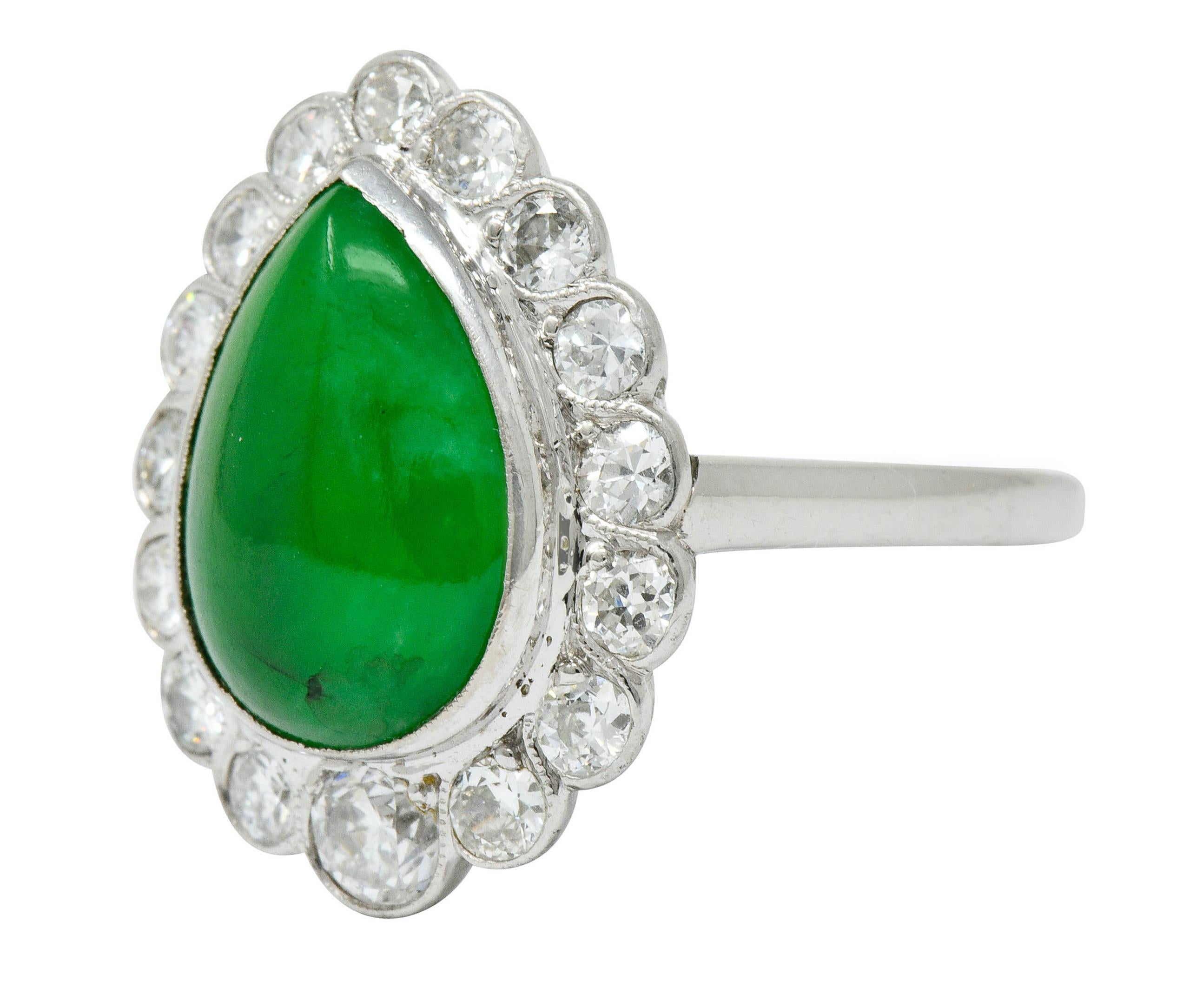 Women's or Men's Art Deco Jadeite Jade Diamond Platinum Pear Cluster Ring GIA