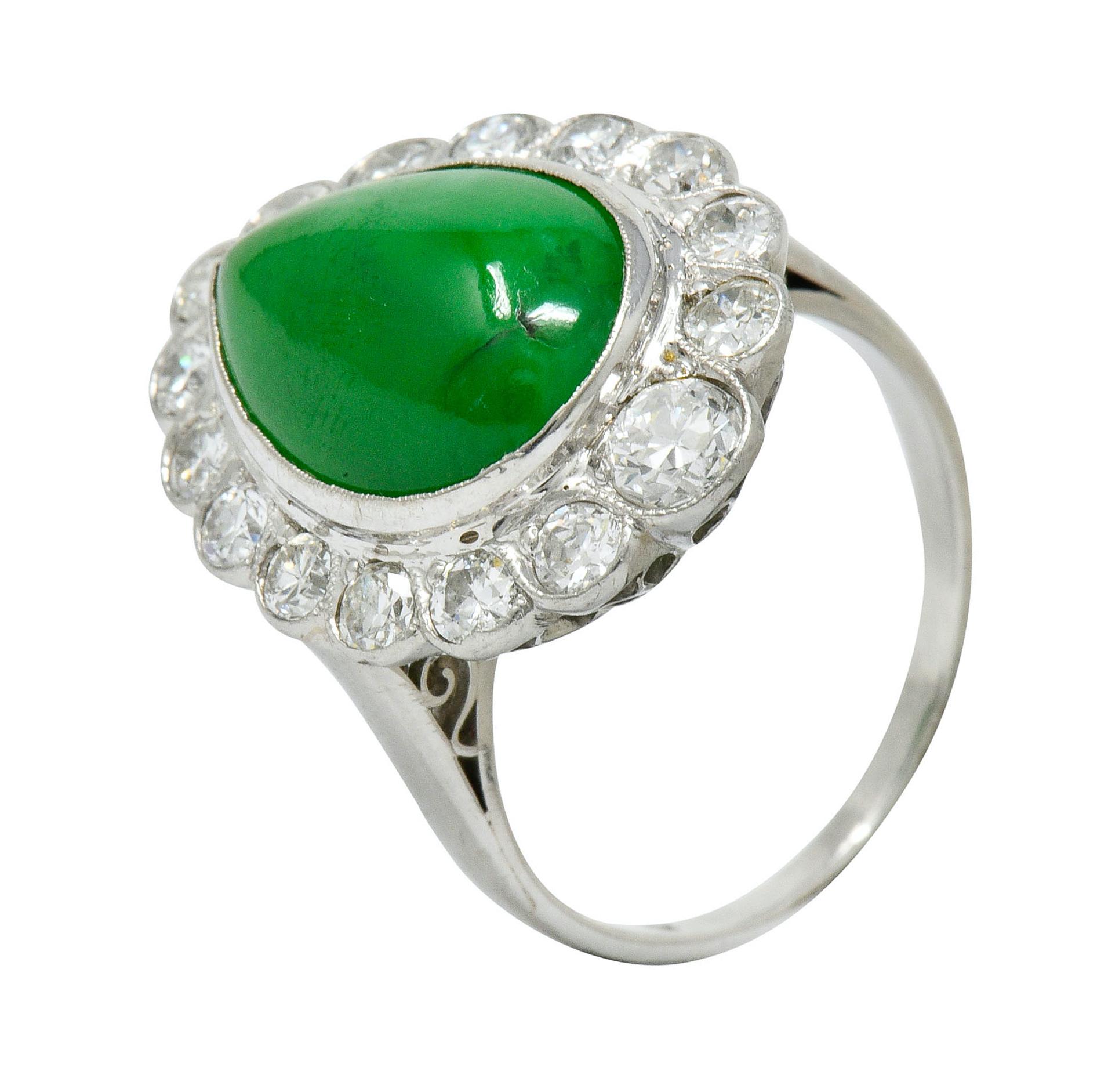 Art Deco Jadeite Jade Diamond Platinum Pear Cluster Ring GIA 3