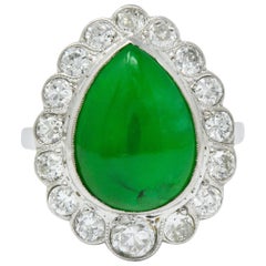 Art Deco Jadeite Jade Diamond Platinum Pear Cluster Ring GIA