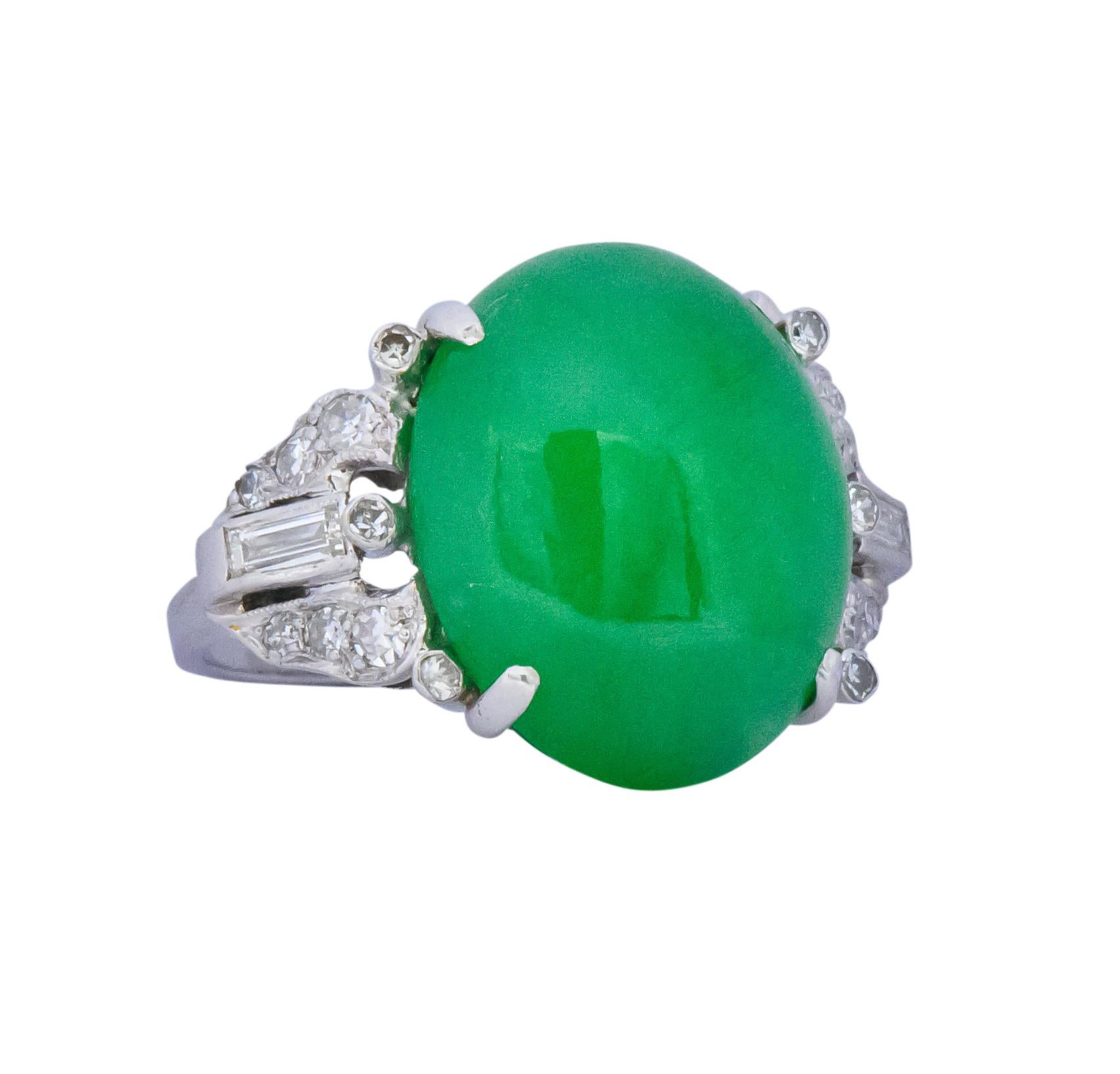 Round Cut Art Deco Jadeite Jade Diamond Platinum Ring GIA Certified