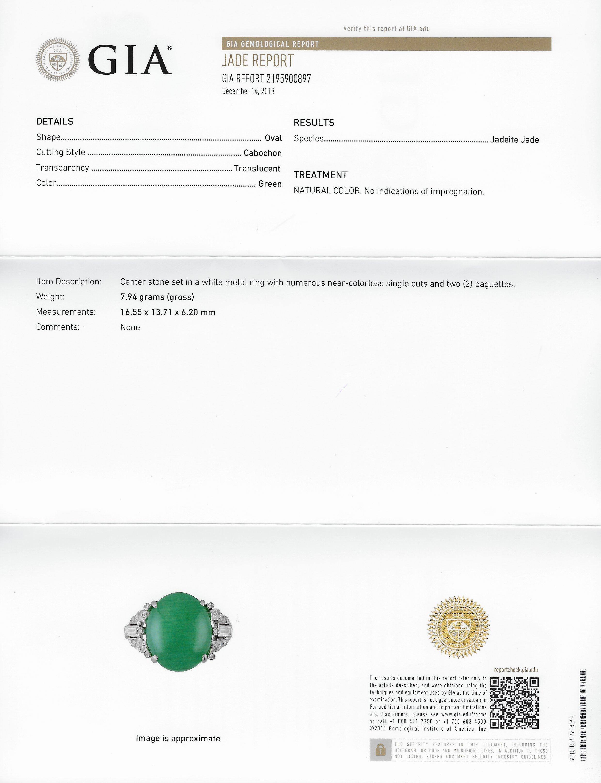 Art Deco Jadeite Jade Diamond Platinum Ring GIA Certified 2