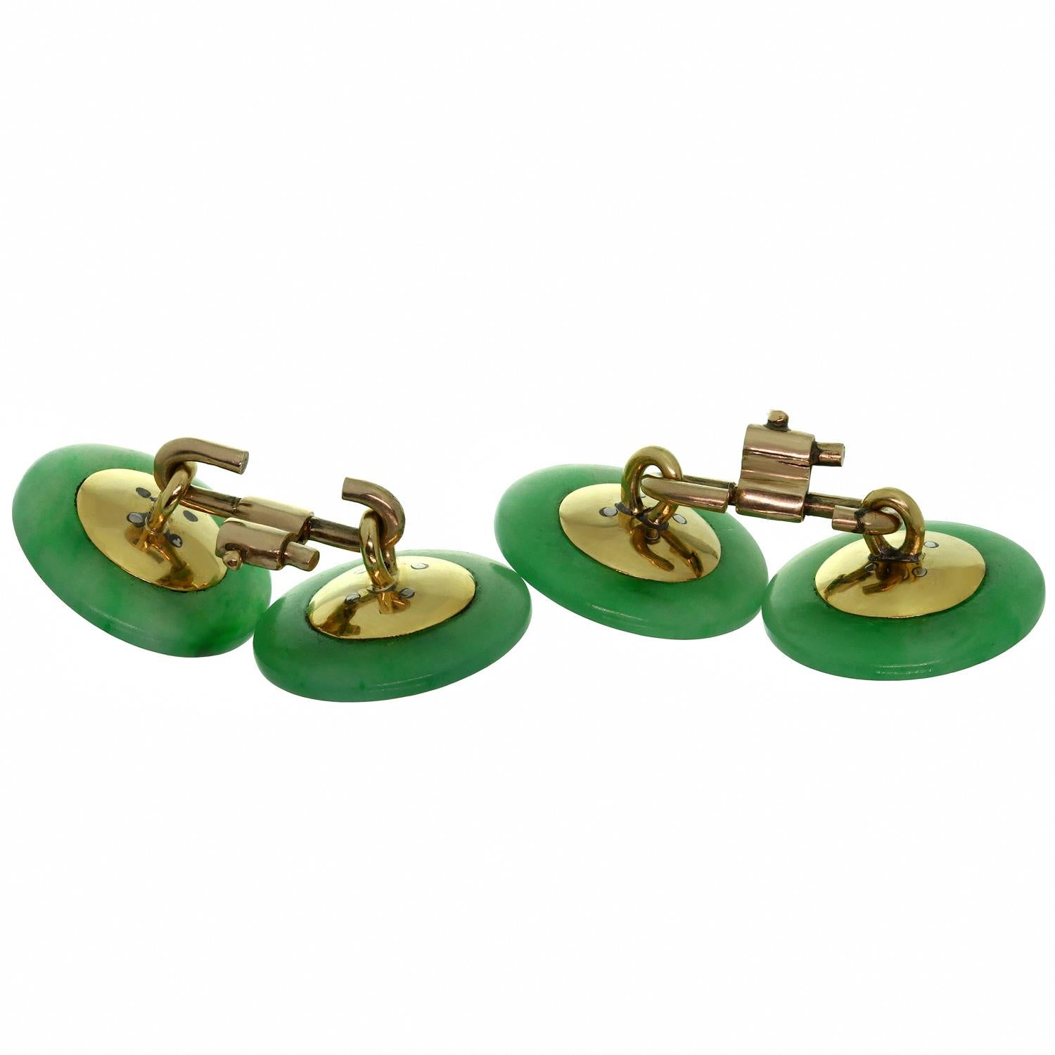 Art Deco Jadeite Jade Diamond Platinum Yellow Gold Cufflinks For Sale 1