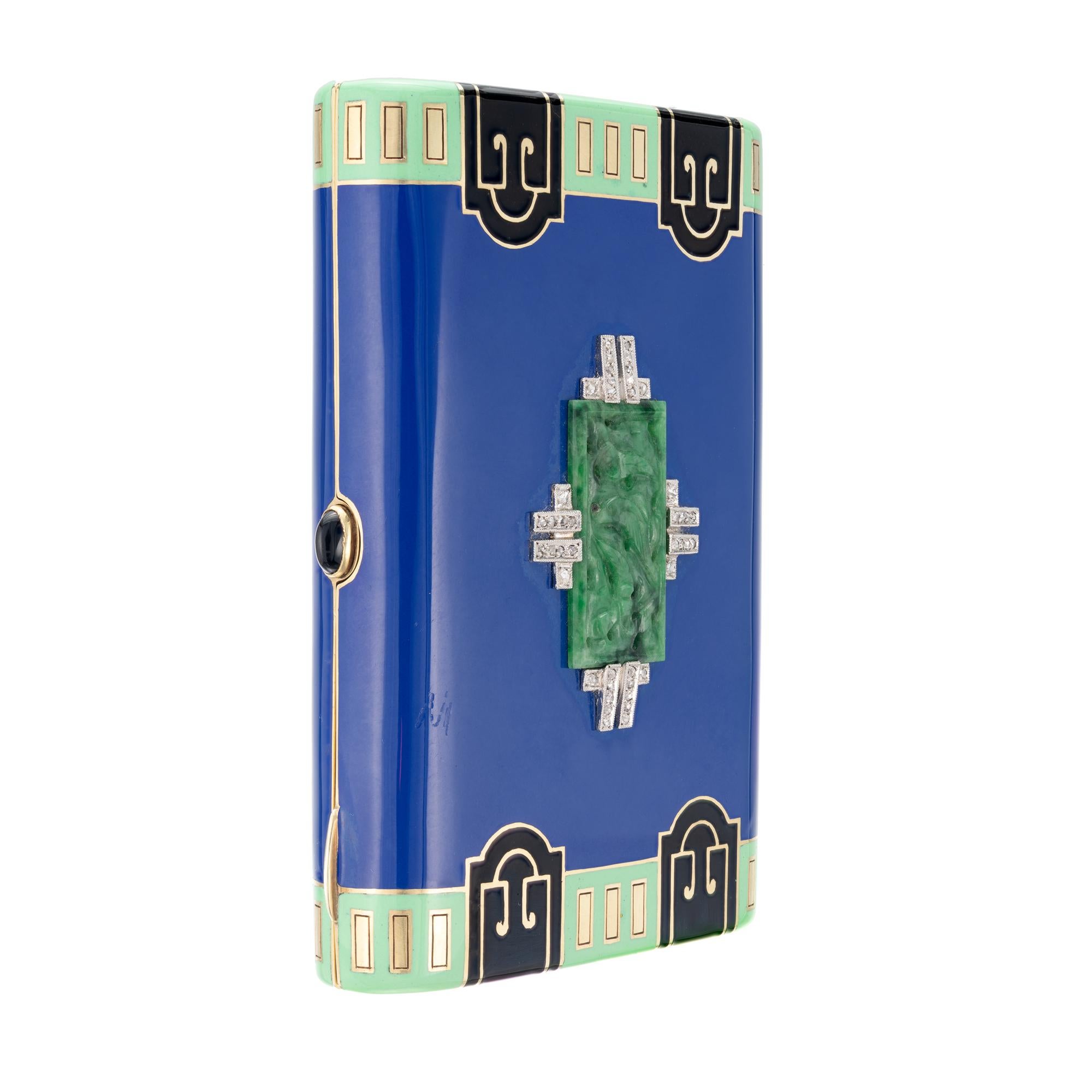 1920's Bright blue and green enamel cigarette case in solid 14k yellow gold with natural carved jadeite jade tablet with diamond accents. Catch, hinge and spring all work well.

1 carved mottled green jadeite jade tablet natural untreated
48 rose