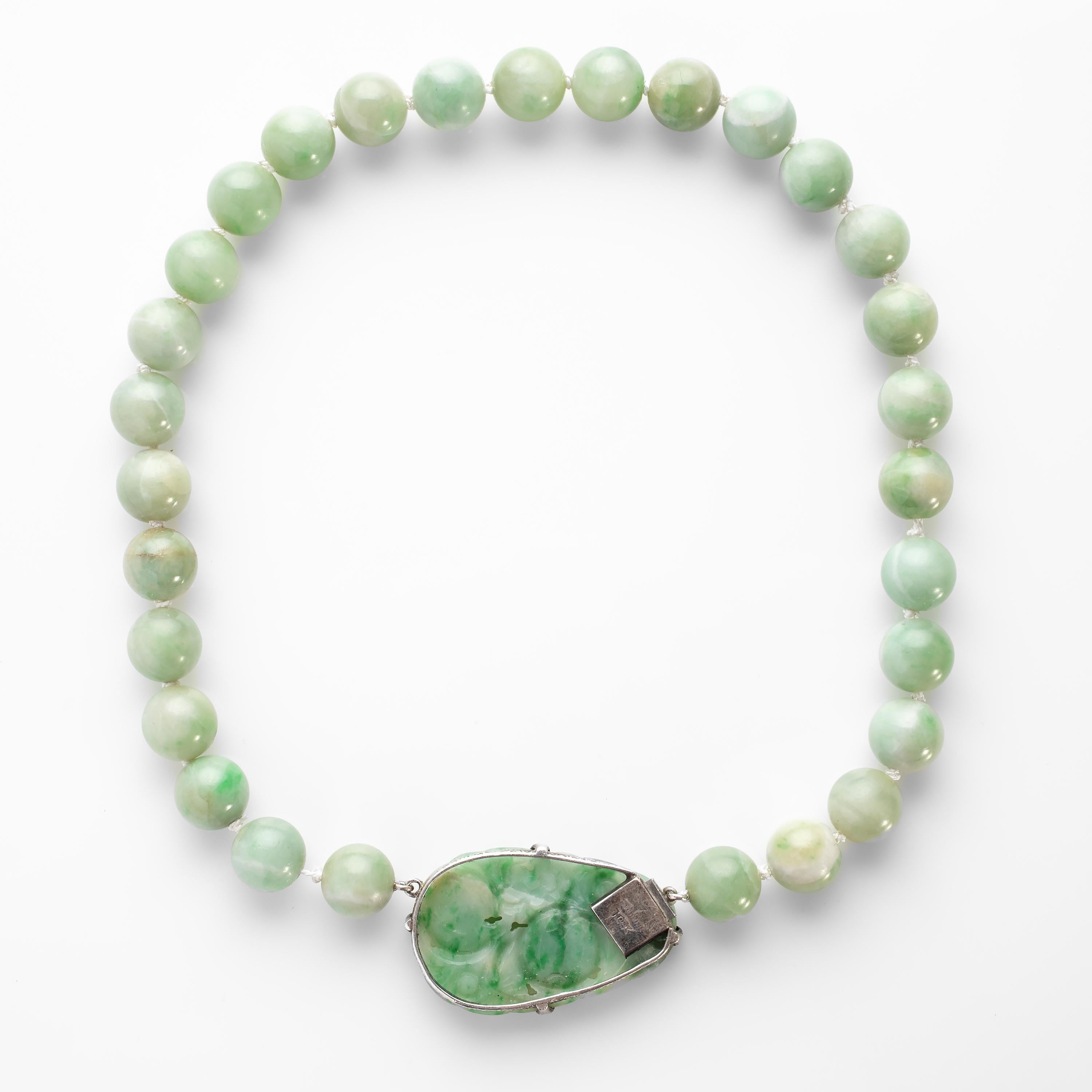 Art Deco Jadeite Jade Necklace with Carved Clasp Certified Untreated 1