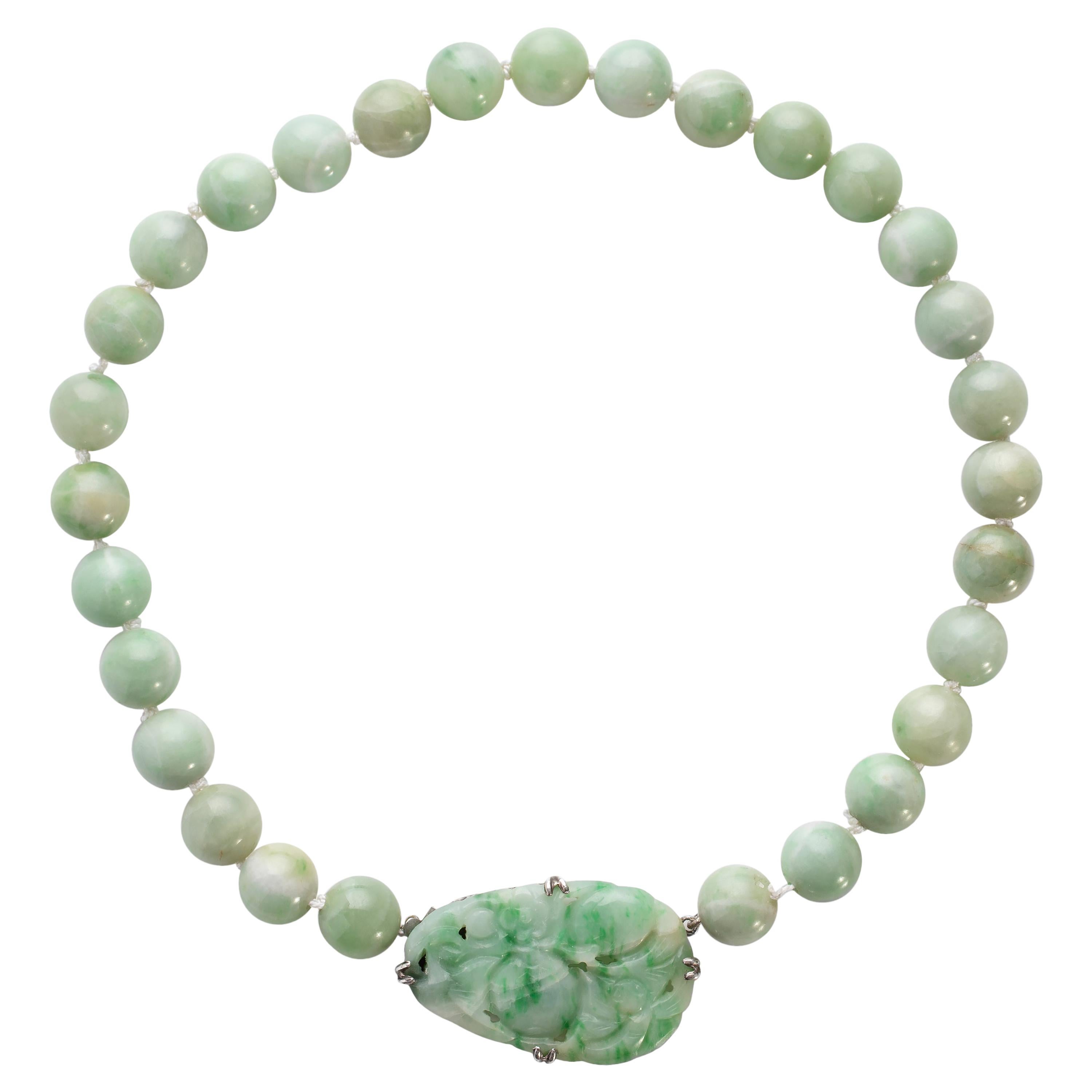 Art Deco Jadeite Jade Necklace with Carved Clasp Certified Untreated