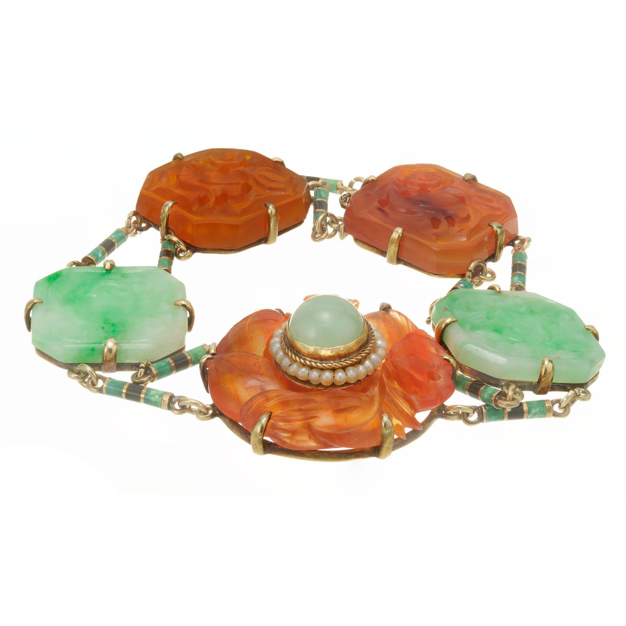 Round Cut Art Deco Jadeite Jade Pearl Carnelian Gold Bracelet For Sale