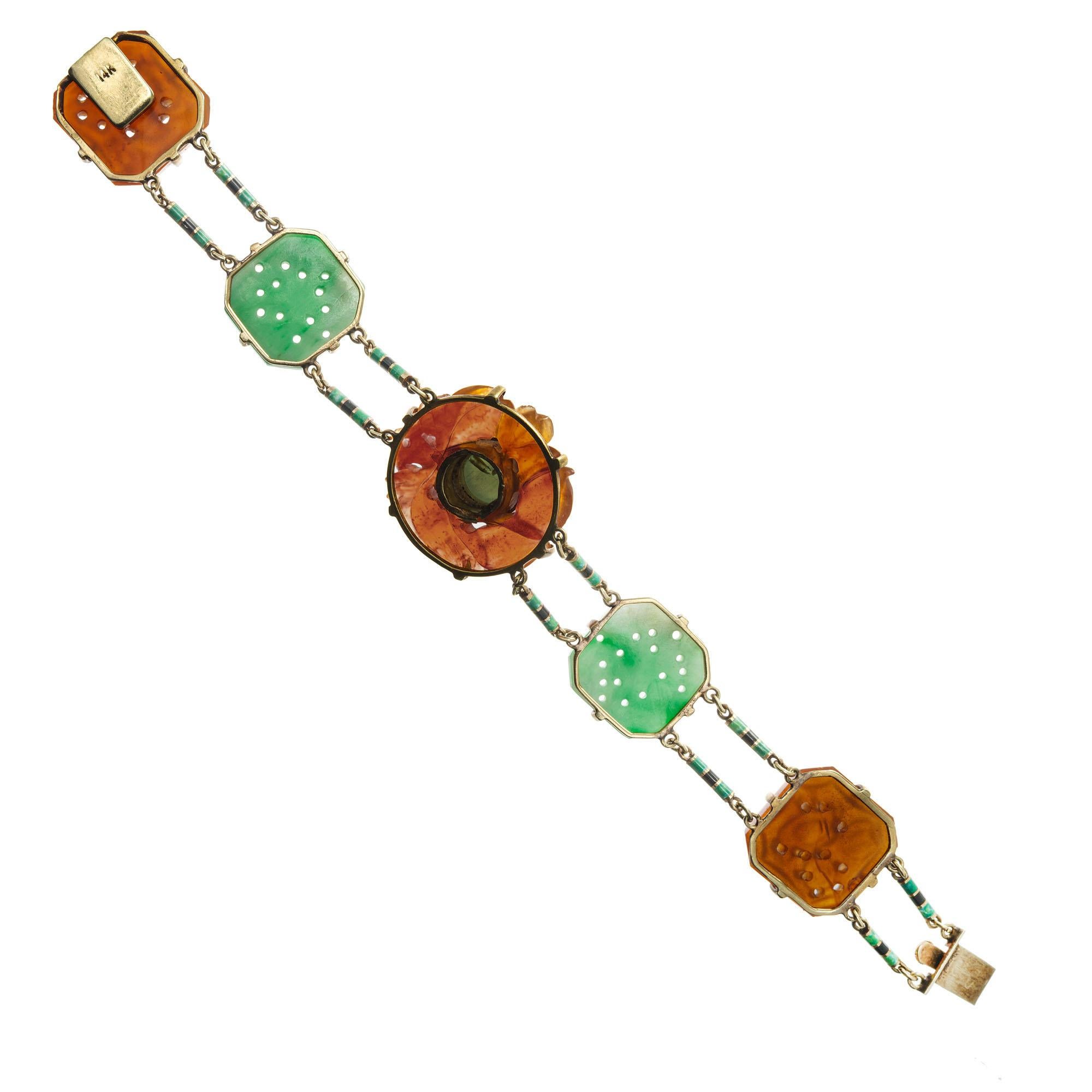 Art Deco Jadeite Jade Pearl Carnelian Gold Bracelet In Good Condition For Sale In Stamford, CT