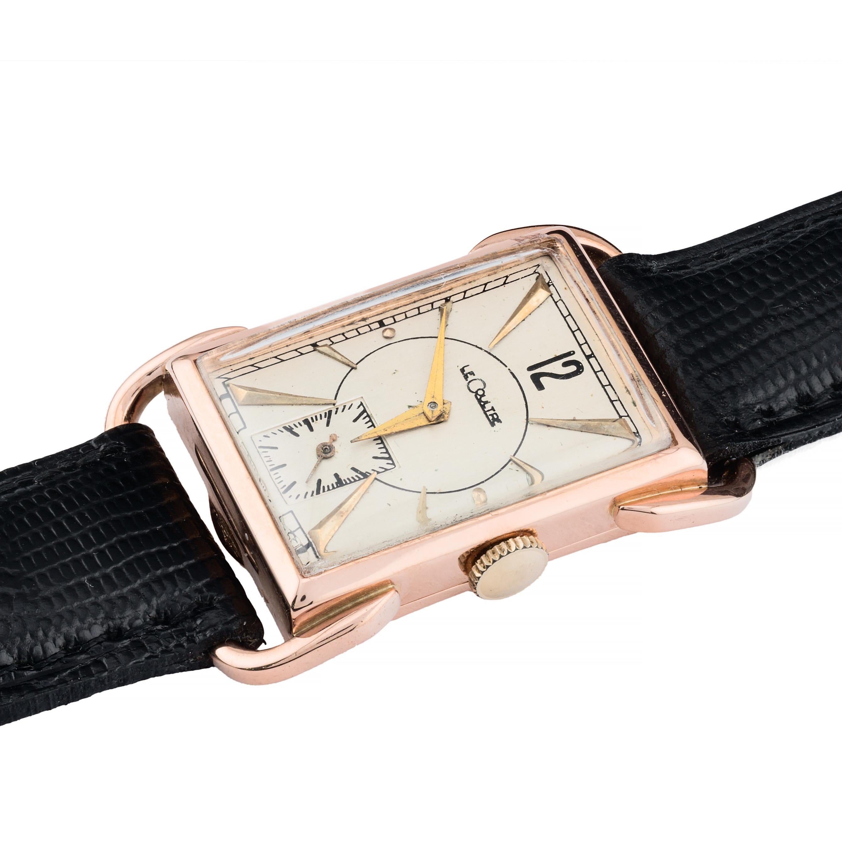 Art Deco Jaegar LeCoultre 14 Karat Rose Gold Fancy Lug Mens Unisex Dress Watch In Excellent Condition In Boston, MA