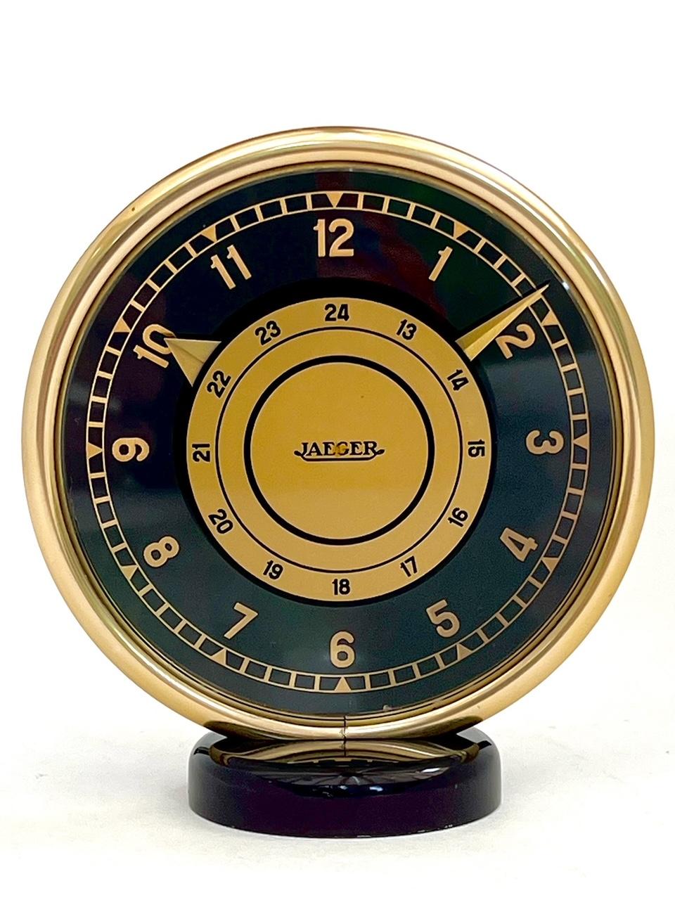 Swiss Art Deco Jaeger LeCoultre Gilt Brass and Black Glass Eight Day Mantel Clock For Sale