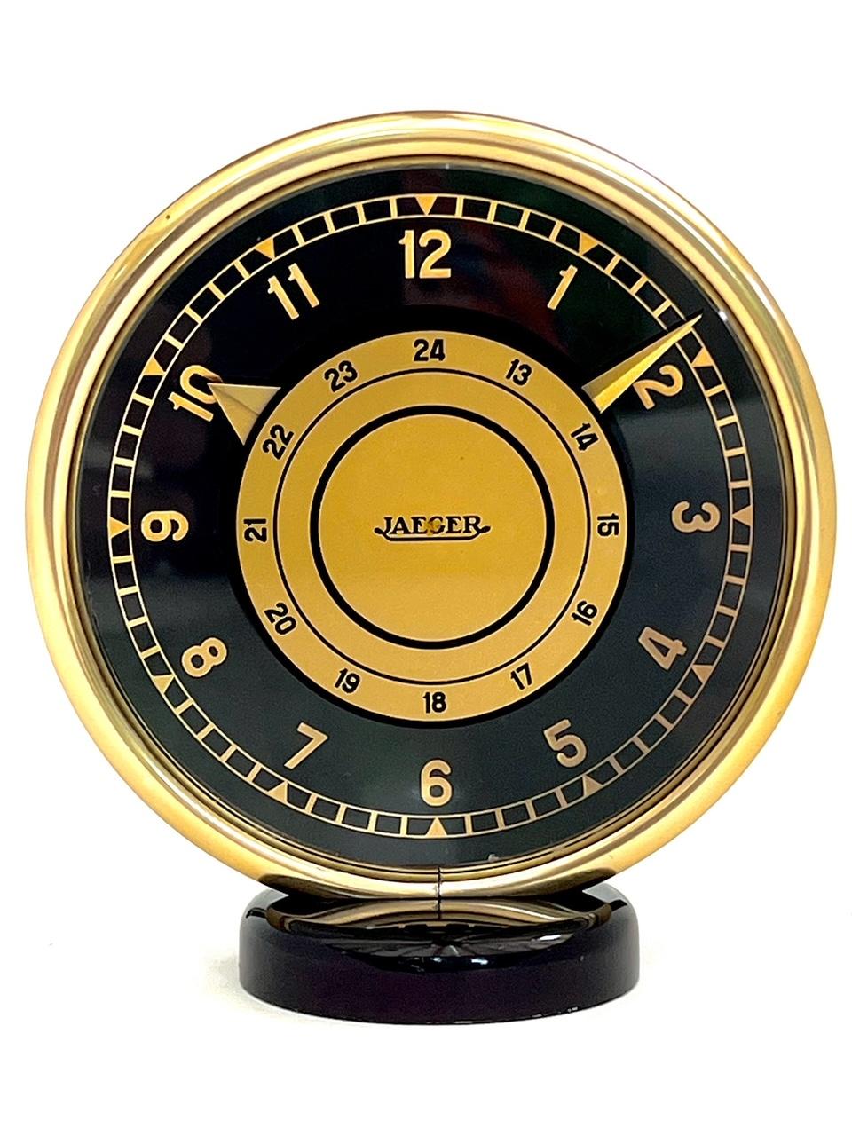 Blackened Art Deco Jaeger LeCoultre Gilt Brass and Black Glass Eight Day Mantel Clock For Sale