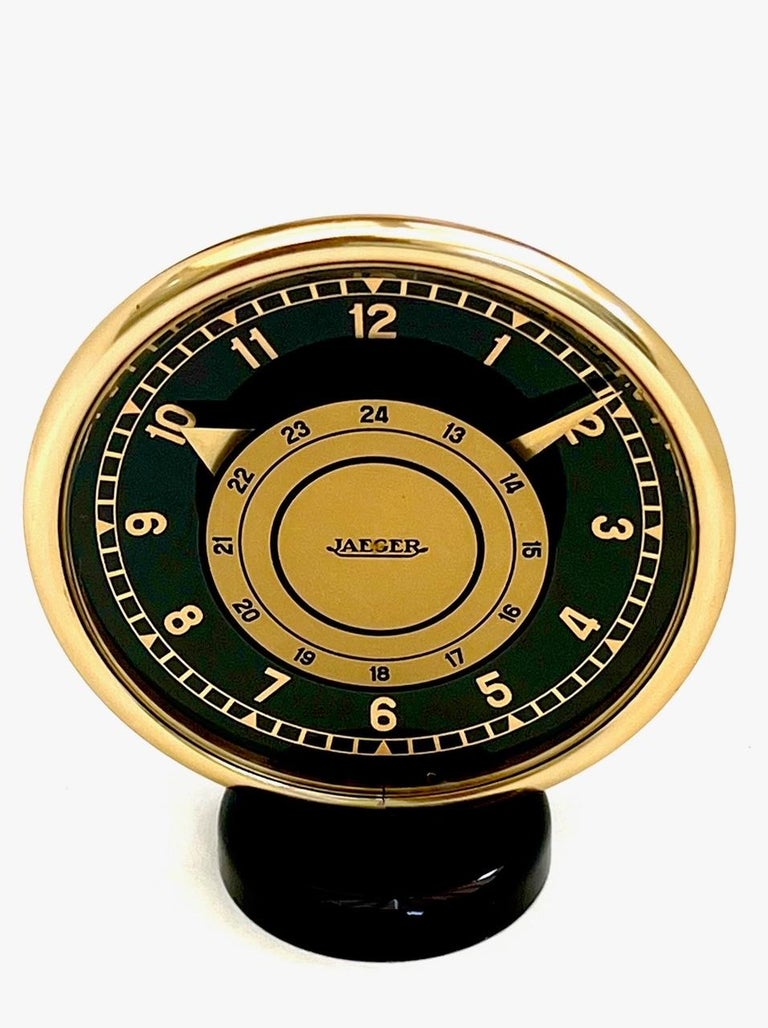 Art Deco Jaeger LeCoultre Gilt Brass and Black Glass Eight Day Mantel Clock For Sale at 1stDibs