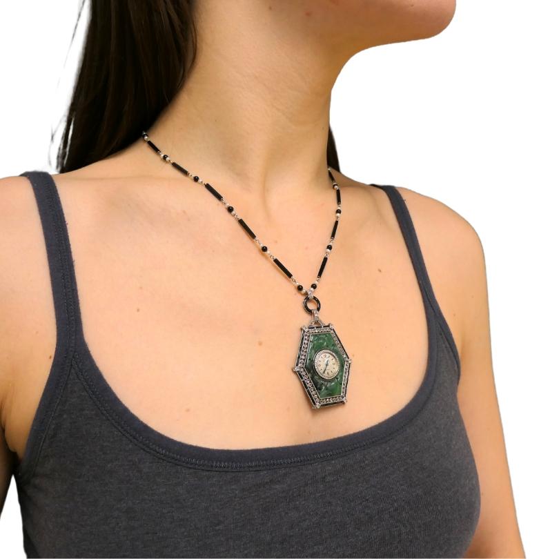 Rose Cut Art Deco Jaeger-LeCoultre Watch Pendant Jade Black Onyx Seed Pearl Necklace