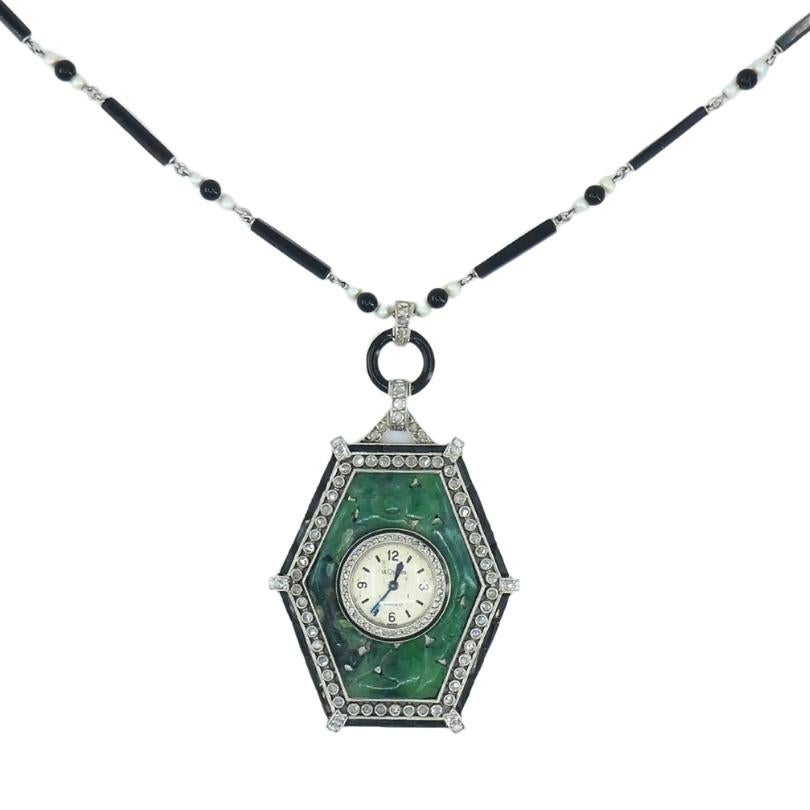 Art Deco Jaeger-LeCoultre Watch Pendant Jade Black Onyx Seed Pearl Necklace In Good Condition In Beverly Hills, CA