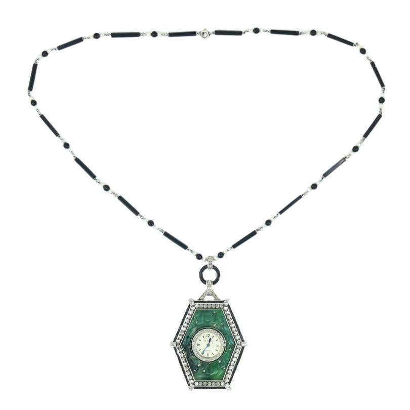 Women's or Men's Art Deco Jaeger-LeCoultre Watch Pendant Jade Black Onyx Seed Pearl Necklace