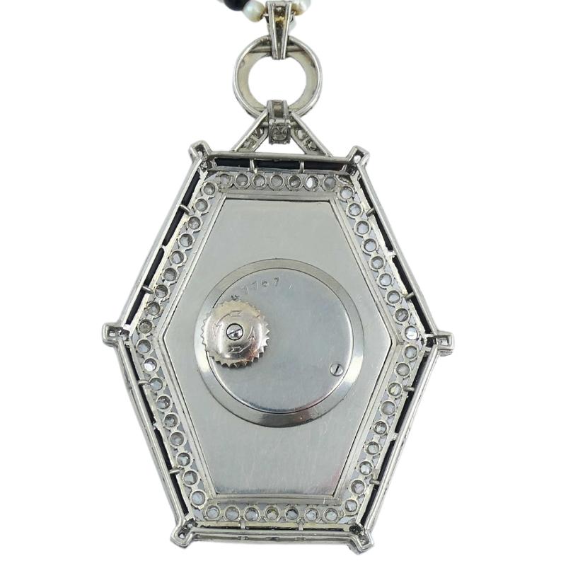 Art Deco Jaeger-LeCoultre Watch Pendant Jade Black Onyx Seed Pearl Necklace 1