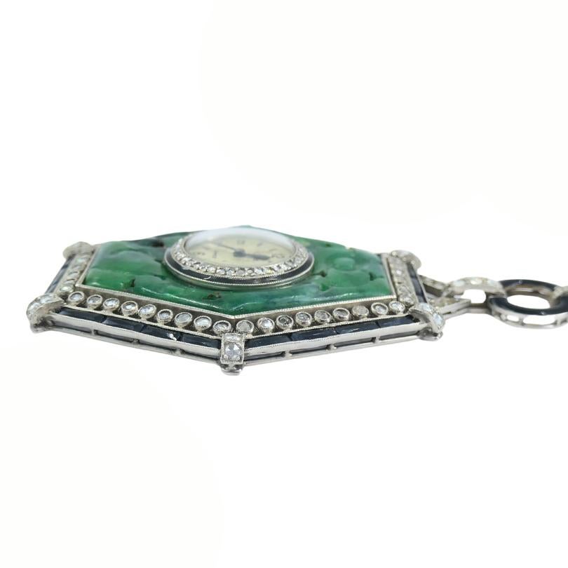 Art Deco Jaeger-LeCoultre Watch Pendant Jade Black Onyx Seed Pearl Necklace 3
