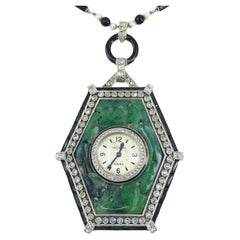 Antique Art Deco Jaeger-LeCoultre Watch Pendant Jade Black Onyx Seed Pearl Necklace