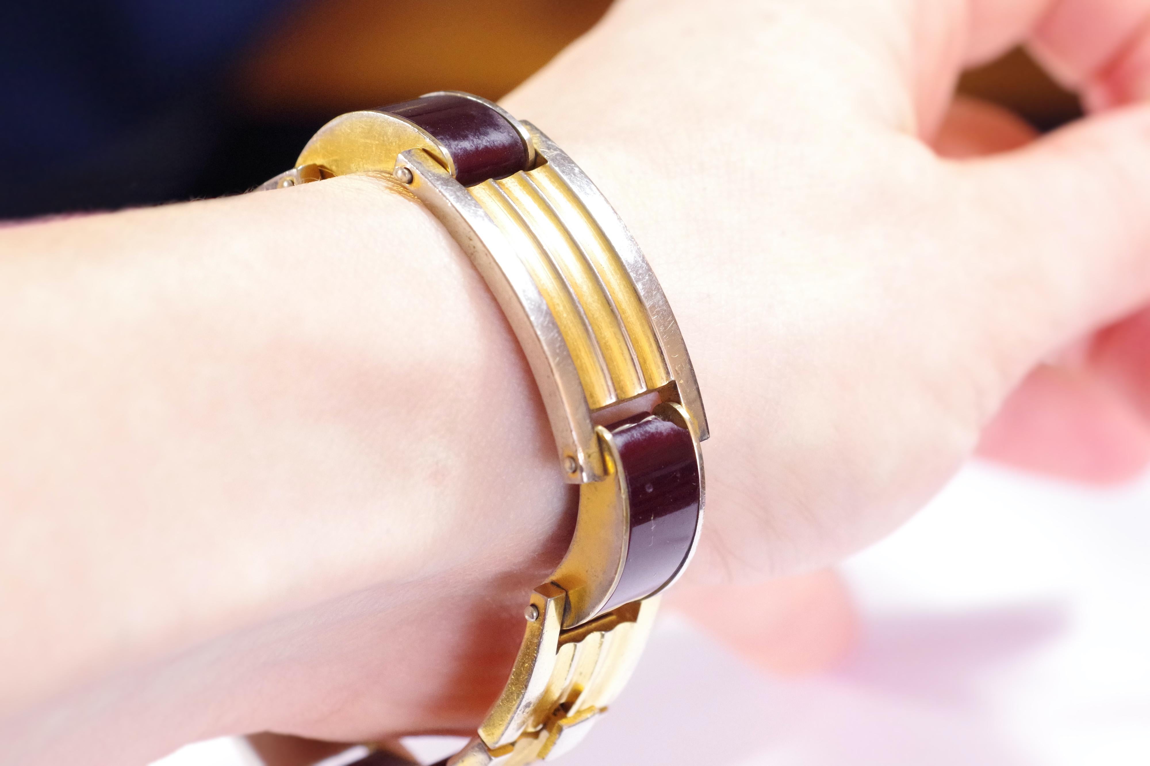 Art Deco Jakob Bengel Armband, antikes Metall und Galathit-Armband Anfang des 20. Jahrhunderts 5