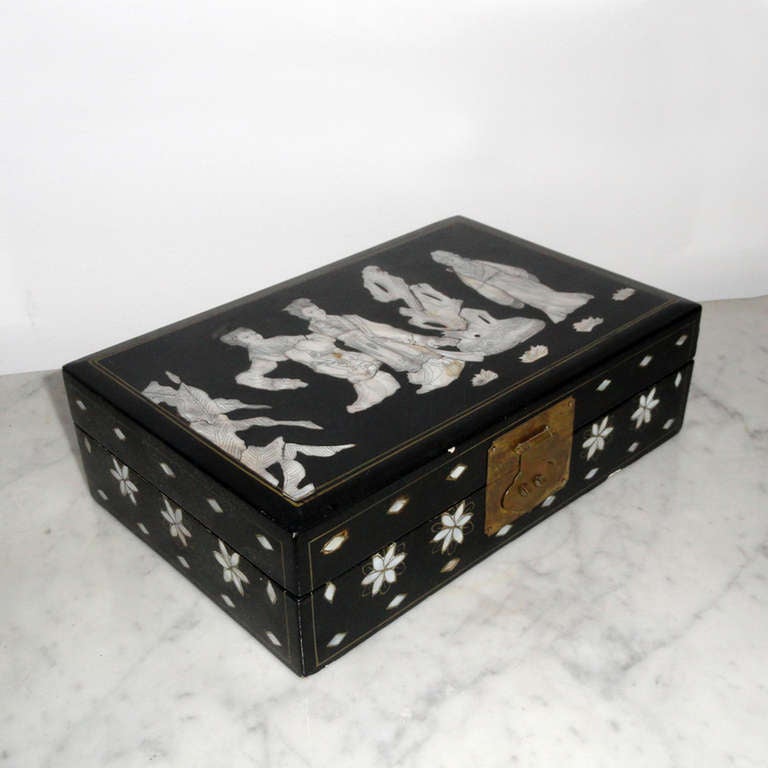 black lacquer jewelry box with mother of pearl inlay
