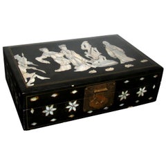 Art Deco Japanese Decor Jewelry Box Black Lacquer and Mother of Pearl