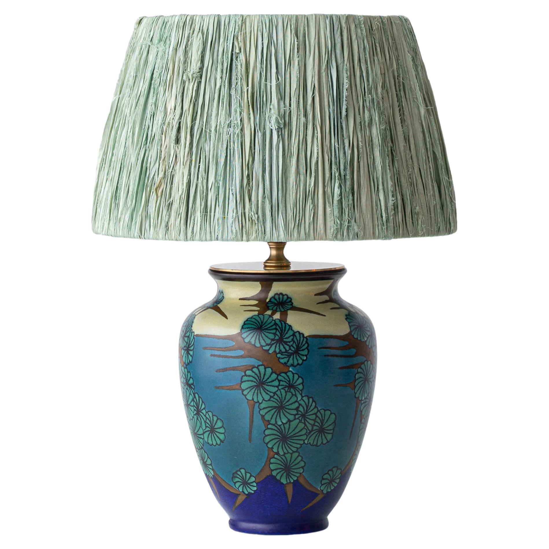 Art Deco Table Lamp, Ceramic with Japonisme Design, 1928, New Shade For Sale